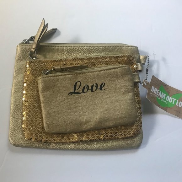 🍀 Cute Gold Love Trio Set Coin Makeup Pouch Cosmetic Travel Bag NEW 🍀 - Picture 1 of 6